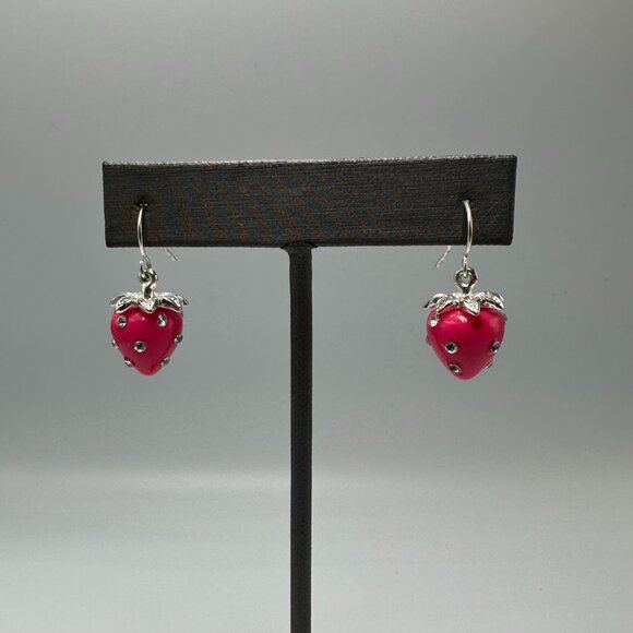 3/$30 Strawberry Dangle Earrings Pink Silver Tone Rhinestone Accents Fruit - Picture 3 of 11